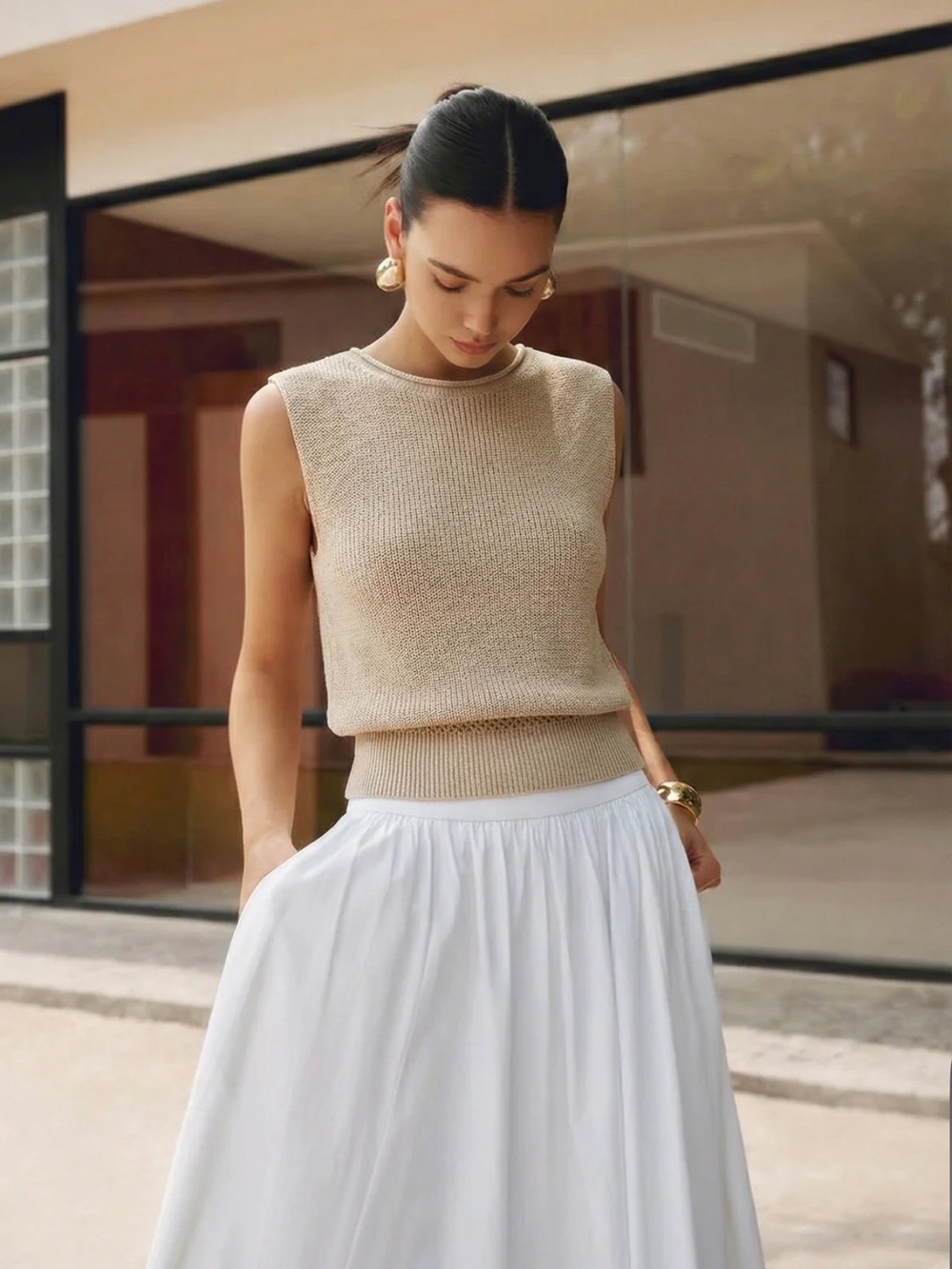 Commense Khaki Bloused Waist Sleeveless Knit Top XS | Quiet Luxury Knit Tank - Picture 3 of 7